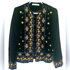 Zara Sfera Velvet Full Embroidered Sequined Front Hook Multicolored Sz M Coat.